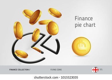 Pie chart icon with flying Georgian Lari coins, finance concept. Vector illustration for print, websites, web design, mobile app, infographics.