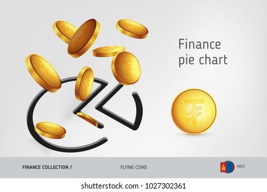 Pie chart icon with flying Mongolian Tughrik coins, finance concept. Vector illustration for print, websites, web design, mobile app, infographics.