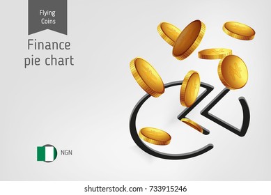 Pie chart icon with flying Nigerian Naira coins, finance concept. Vector illustration for print, websites, web design, mobile app, infographics.