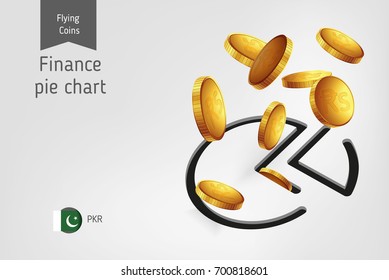 Pie chart icon with flying Pakistani Rupee coins, finance concept.