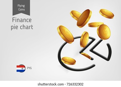 Pie chart icon with flying Paraguayan Guarani coins, finance concept. Vector illustration for print, websites, web design, mobile app, infographics.