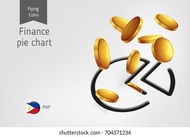 Pie chart icon with flying Philippine Peso coins, finance concept.