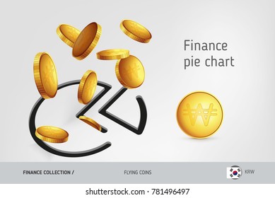 Pie chart icon with flying South Korean Won coins, finance concept. Vector illustration for print, websites, web design, mobile app, infographics.
