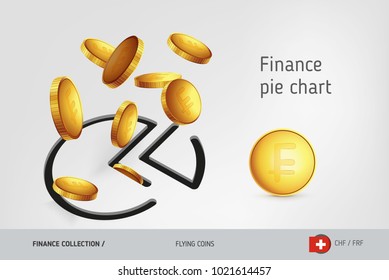 Pie chart icon with flying Swiss Franc coins, finance concept. Vector illustration for print, websites, web design, mobile app, infographics.