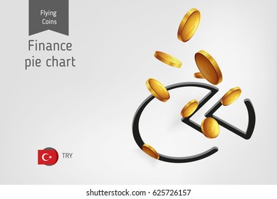 Pie chart icon with flying turkish lira coins, finance concept.