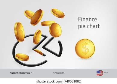 Pie chart icon with flying United States Dollar coins coins, finance concept. Vector illustration for print, websites, web design, mobile app, infographics.