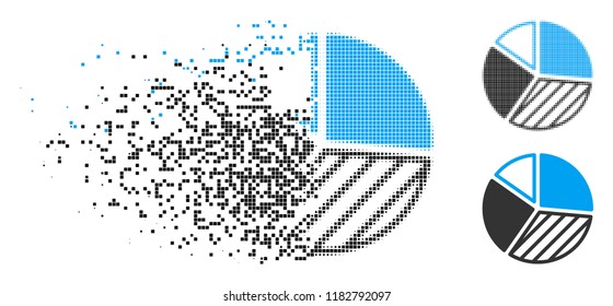 Pie chart icon in fractured, pixelated halftone and undamaged versions. Pixels are organized into vector dissolving pie chart icon. Disintegration effect uses rectangular particles.