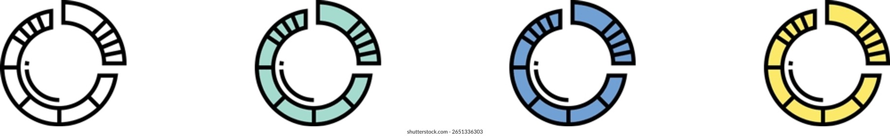 icono de gráfico circular. Esquema, diseño de estilo verde, azul y amarillo aislado sobre fondo blanco