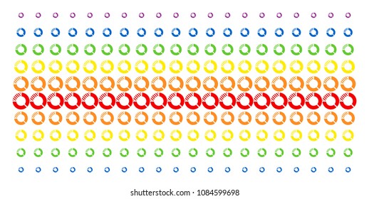 Pie Chart icon rainbow colored halftone pattern. Vector pictograms arranged into halftone array with vertical spectrum gradient. Designed for backgrounds, covers,