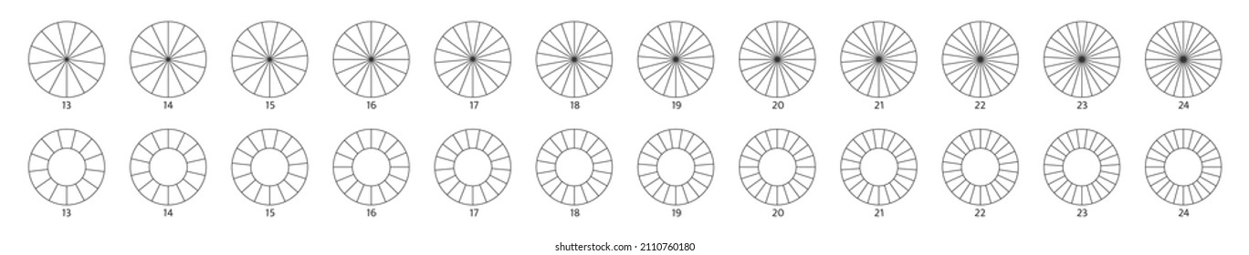 Pie Chart Icon. Segment Slice Sign. Circle Section Graph Line Art. 14,17,18 Segment Infographic. Wheel Round Diagram Part. 15 Phase, 16 Circular Cycle. Geometric Element. Vector Illustration.