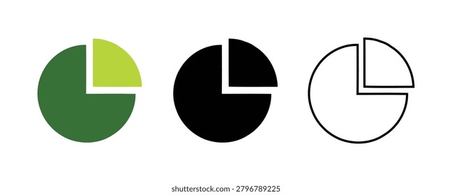 Pie chart icon set featuring green, black, and outline versions. Each icon shows a quarter segment separated from the whole. Ideal for financial reports, business presentations, and data dashboards. Clean minimalist design for corporate websites and analytical software interfaces. High quality vector graphics for professional use.