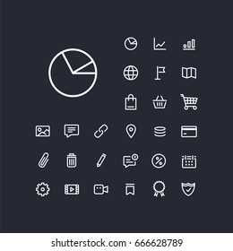 Pie chart icon in set on the black background. Universal linear icons to use in web and mobile app.