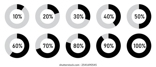 Pie chart icon set in percentage. Frome 10% to 100%. Circle percent diagram or chart with progress black and gray color. Vector illustration.