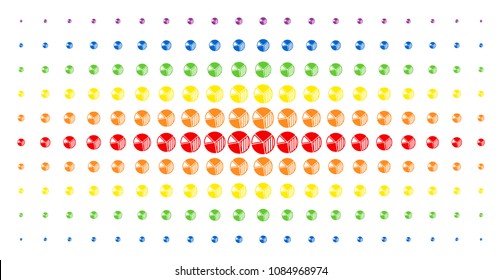 Pie chart icon spectrum halftone pattern. Vector pie chart symbols are arranged into halftone matrix with vertical spectrum gradient. Designed for backgrounds, covers,