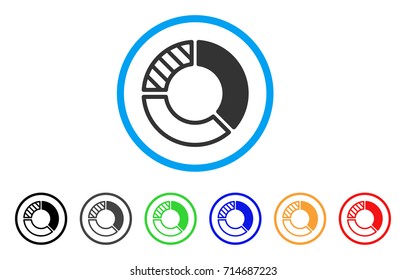 Pie Chart icon. Vector illustration style is a flat iconic pie chart grey rounded symbol inside light blue circle with black, gray, green, blue, red, orange color versions.