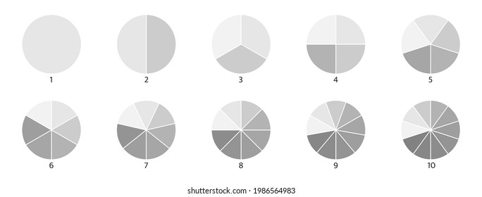 Pie chart icons. Circle section graph. 2,3,4,5,6 segment infographic. Wheel round diagram part symbol. Three, five phase, six circular cycle. Segment slice sign. Geometric element.Vector illustration.