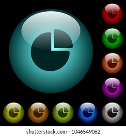 Pie chart icons in color illuminated spherical glass buttons on black background. Can be used to black or dark templates