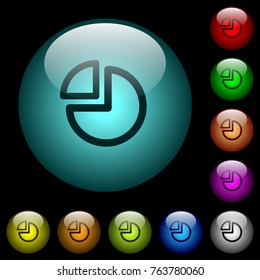 Pie chart icons in color illuminated spherical glass buttons on black background. Can be used to black or dark templates