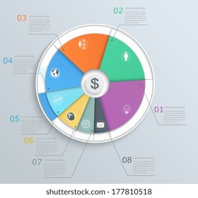 Pie chart with icons, infographics, for web and mobile, banner, step structure of the workflow, business layout.