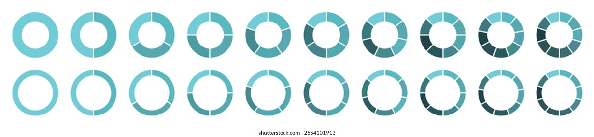 Pie chart icons set in blue color. Rotating element with 2-10 steps. Set of circle infographic. Segment circle round vector 2-10 divide infographic. Flat style. Vector illustration.