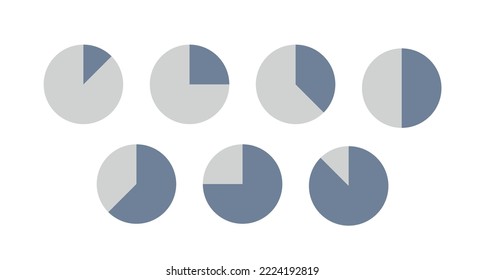 Pie chart icons set. Percentage, share or statistics symbol. Circle divided into segments, parts. Isolated vector illustration on a white background.