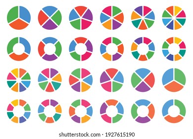 Pie chart icons set, ring percentage diagram collection,. Colorful diagram collection with ,3,4,5,6,7,8 sections and steps. Pie chart for data analysis, business presentation, UI, web design. 