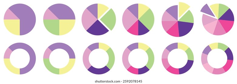 Pie chart icons.Different color circles. donut and pie chart infographic of vector illustration