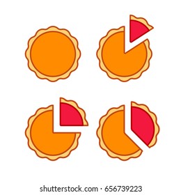 Pie chart illustration set with real pies, pumpkin and berry. Simple flat vector infographic icons.