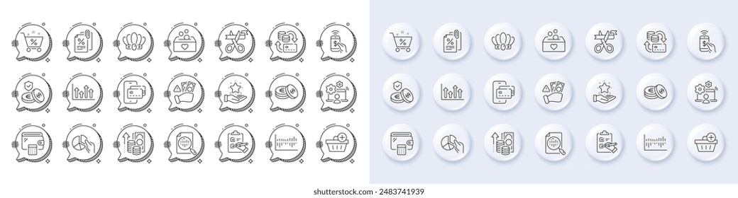 Iconos de línea de gráfico circular, de gráfico de inflación y de análisis. Botones 3d de pin blanco, iconos de burbujas de chat. Paquete de cambio de dinero, diagrama de columnas, icono de ahorros. Flechas superiores, Trabajo en línea, Pictograma de fraude. Vector