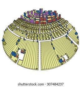 A pie chart info graphic featuring a city, suburban homes and neighburhoods and rural homes, farms and farmland.

