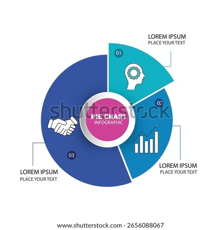 Pie Chart Infographic with 3 steps on white background