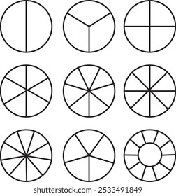 Pie chart infographic collection with 3,4,5,6 and 7,8 sections or steps. Set of circle diagram, infographic design. Infographic element.