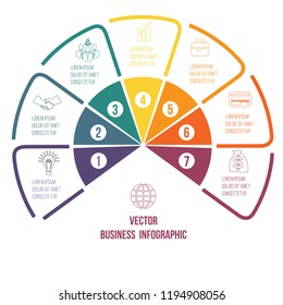 Pie chart Infographic colourful lines with text areas 7 positions.
