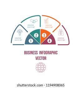 Pie chart Infographic colourful lines with text areas 4 positions.