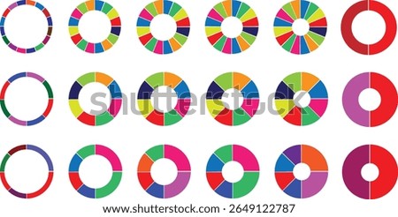 pie chart infographic design. Flat process cycle. Progress sectors. business elements and statistics with numbers. Colorful 1,2,3,4,5,6,7,8,9,10,11,12 ,13,14,15sections. Wheel round	
