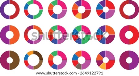 pie chart infographic design. Flat process cycle. Progress sectors. business elements and statistics with numbers. Colorful 1,2,3,4,5,6,7,8,9,10,11,12 ,13,14,15sections. Wheel round	