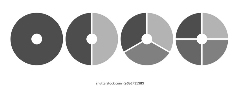 Icono de infografía de gráfico circular. Diagrama circular con 1 2 3 4 secciones. Gráfico blanco y negro mínimo. Plantilla de análisis de negocio. Gráfico de donut aislado