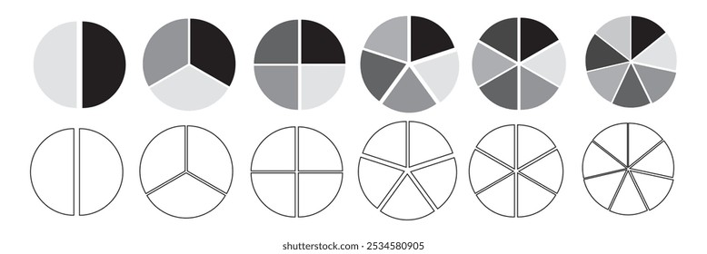  Pie chart infographic icons. pie chart vector icons. Segmented circle icons on isolated background eps 10.