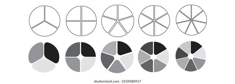  Pie chart infographic icons. pie chart vector icons. Segmented circle icons on isolated background eps 10.