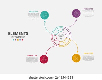 pie chart infographic outline style with 4 point template with big circle line arrow pointer from separation part for slide presentation vector