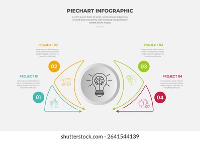 pie chart infographic outline style with 4 point template with half circle and sharp slice on circle for slide presentation vector