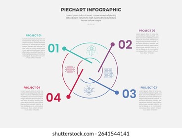 pie chart infographic outline style with 4 point template with outline circle and line separator unbalance cut slice for slide presentation vector