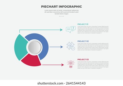 pie chart infographic outline style with 3 point template with unbalance slice cut with horizontal arrow pointer for slide presentation