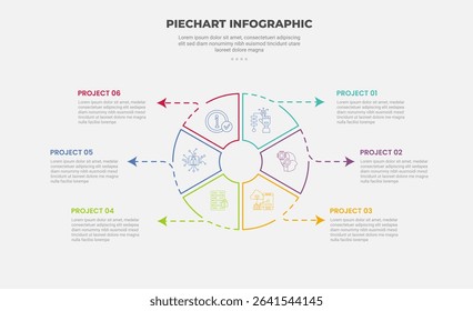 pie chart infographic outline style with 6 point template with big circle slice with arrow line pointer connection for slide presentation vector