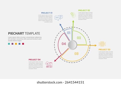 pie chart infographic outline style with 4 point template with big dotted circle with arrow line separator for slide presentation vector