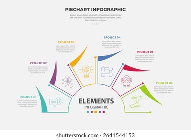 pie chart infographic outline style with 6 point template with half circle with sharp swing line circular for slide presentation vector