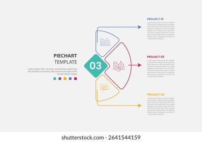 pie chart infographic outline style with 3 point template with vertical half circle with horizontal line pointer for slide presentation vector