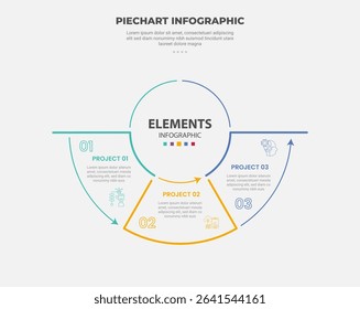 pie chart infographic outline style with 3 point template with half circle on bottom with line segment separation for slide presentation vector
