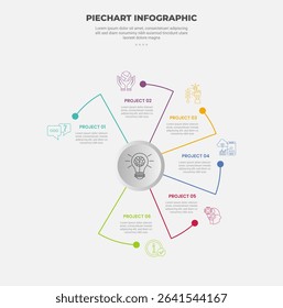 pie chart infographic outline style with 6 point template with long curve line on circle circular direction with dot edge for slide presentation vector