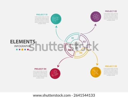 pie chart infographic outline style with 4 point template with big circle line arrow pointer from separation part for slide presentation vector